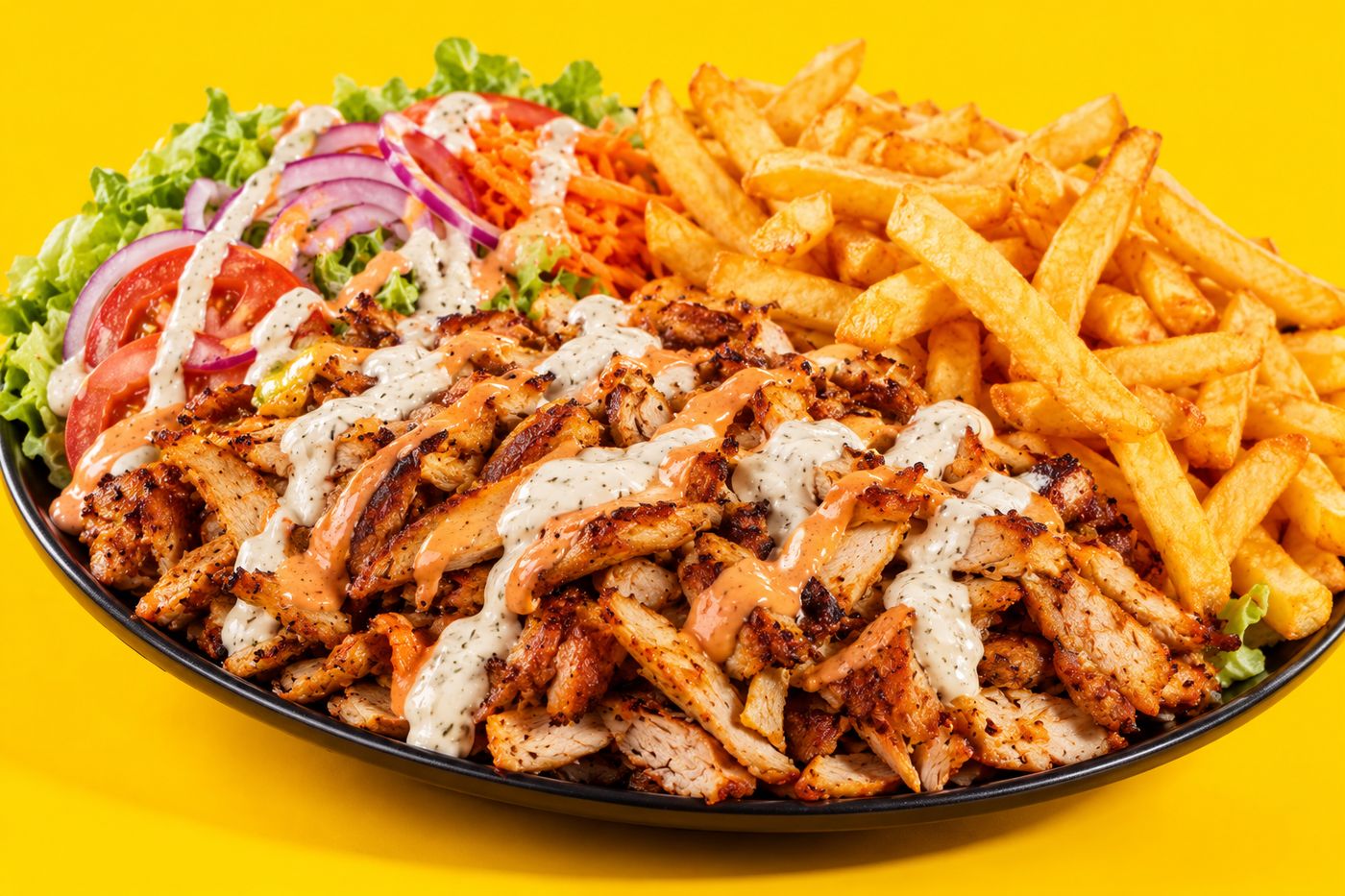 Assiette de poulet grillé, frites et crudités