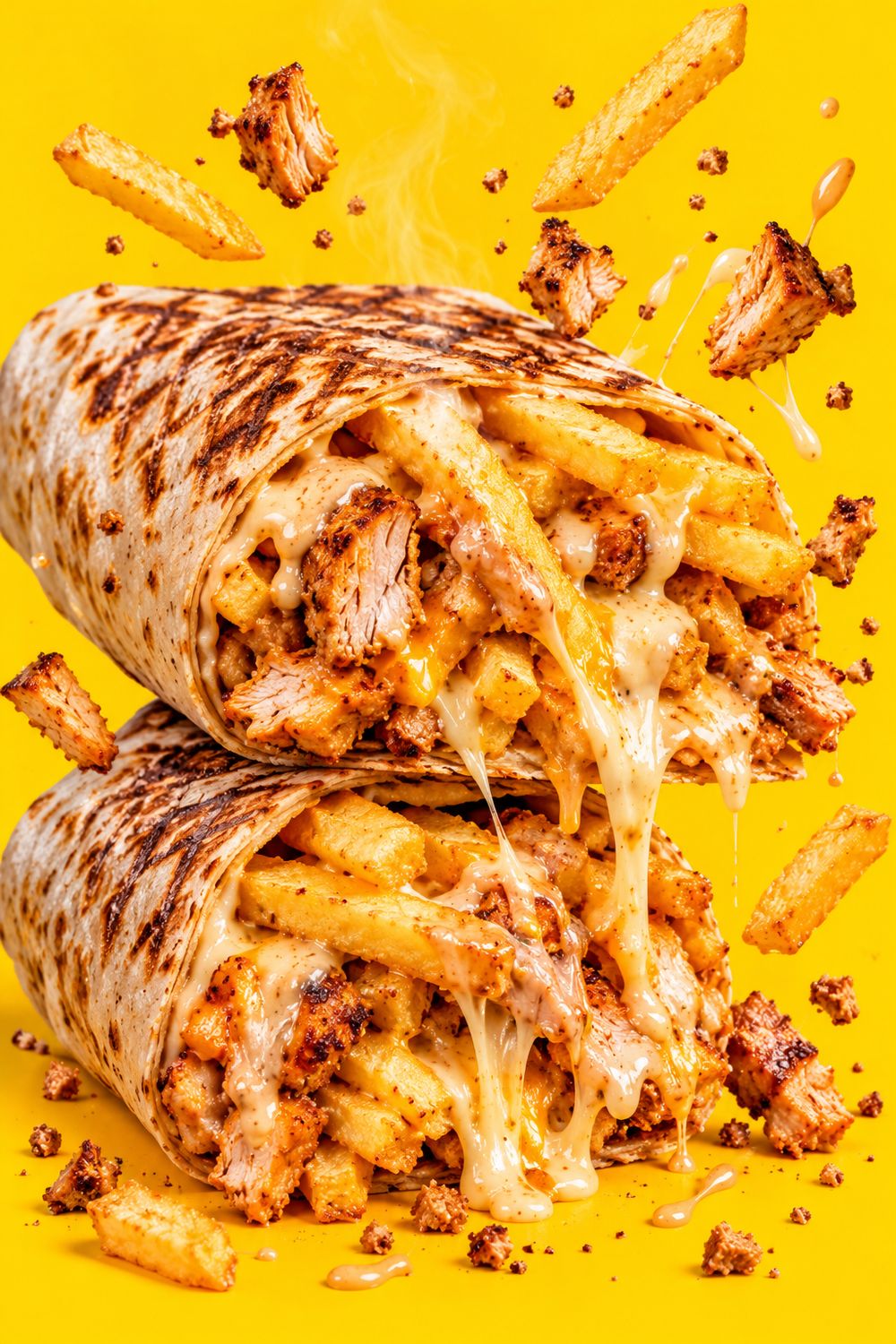 Tacos coupé en deux, viande, frites et sauce fromagère