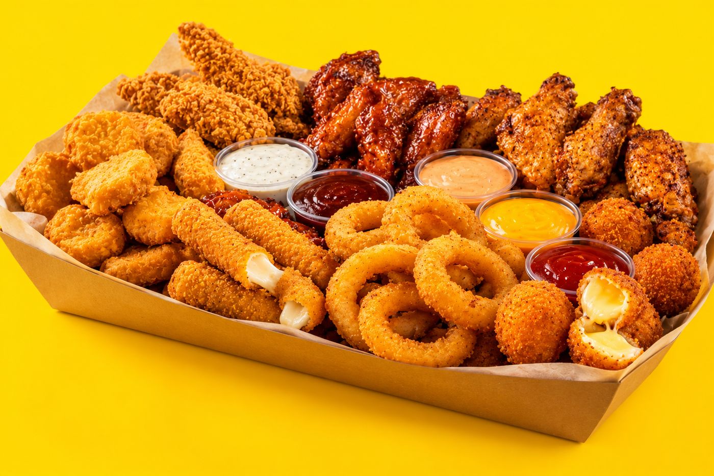 Plateau de tapas : tenders, wings, sticks mozzarella et sauces